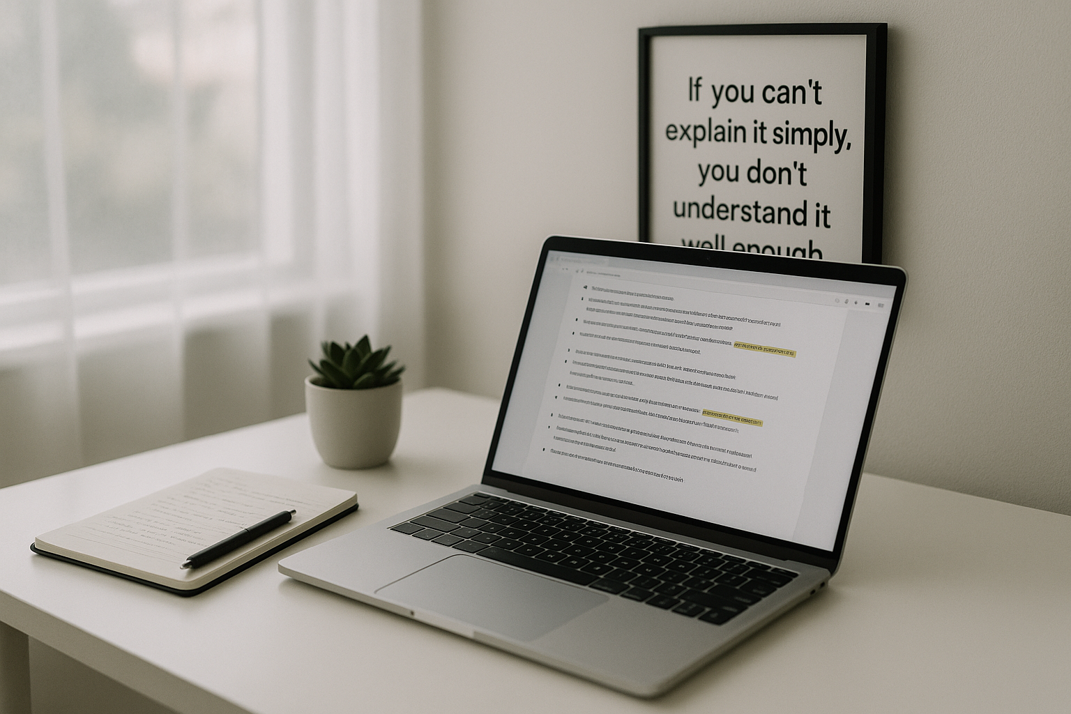 The image features a modern minimalist workspace A sleek white desk holds a laptop displaying a webpage filled with bullet points and highlighted text emphasizing key information Next to the laptop a notepad with neatly written notes and a black pen